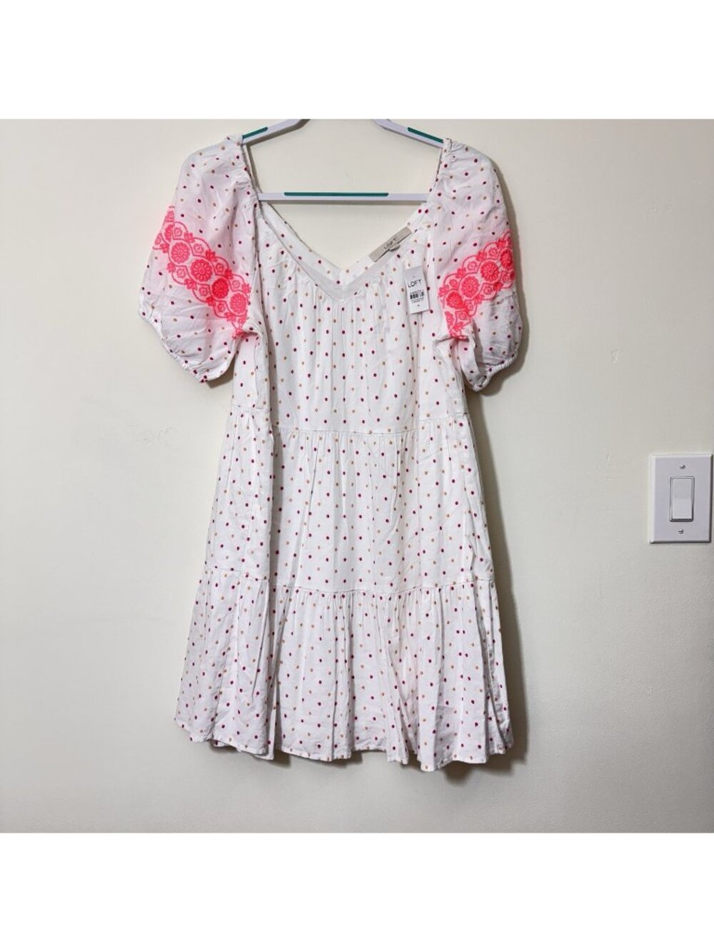LOFT Puff Sleeve Dot Embroidered Tiered Swing Dress Size M Lined Boho Preppy New